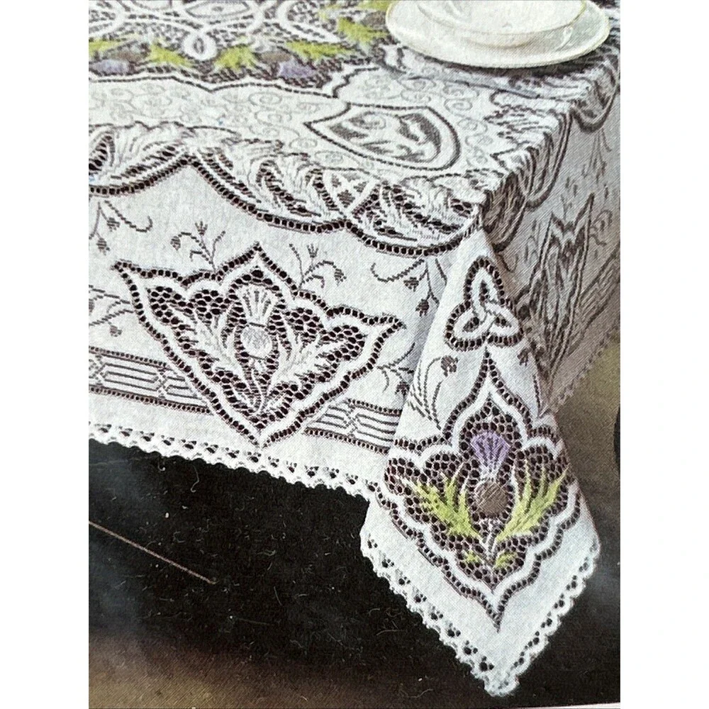 Vtg Bonfab Scottish Lace Tablecloth Floral Thistle Square 48 X 48” Cottagecore